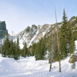 Deep snow-covered meadow in front of mountain peaks forming a "U" shape, with green pine trees at the base of the mountain