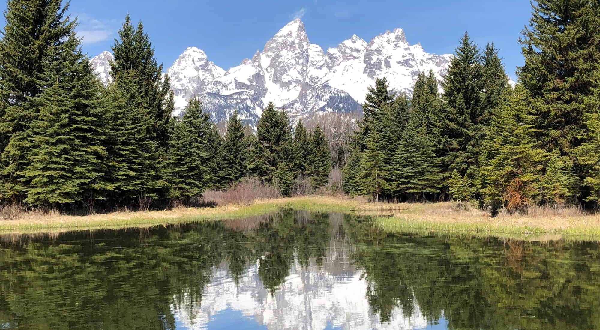 Three mountain peaks covered in spotty snow in the background; pine trees on the sides and in front of the mountains. Pond in the foreground with mountains and trees reflected in the pond